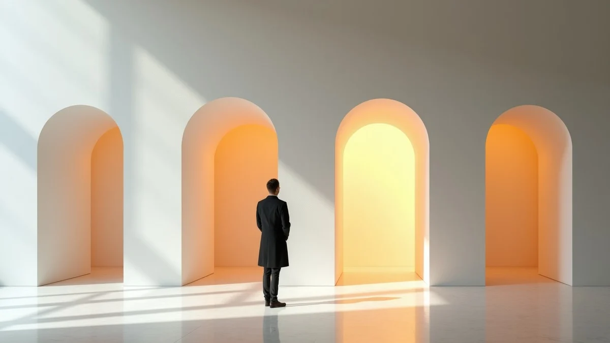 A professional compares four distinct sculptural doorways in a minimalist civic gallery