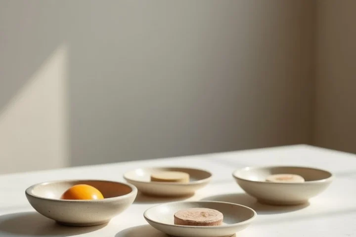 Four unmarked ceramic tokens sit in separate shallow dishes on a pale stone table in a quiet design studio