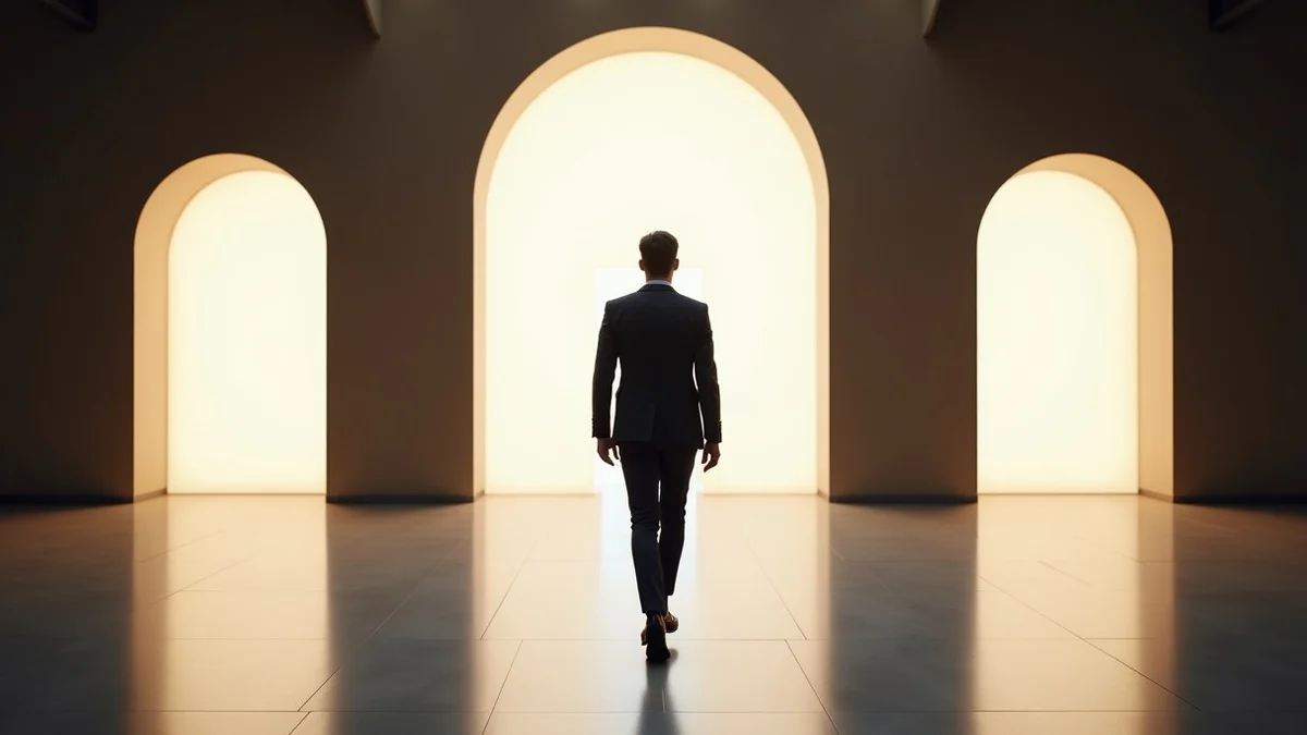 A professional walks toward one of three unmarked illuminated archways in a spacious modern transit concourse