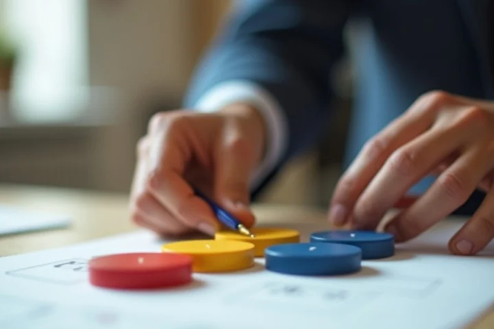 A professional advances a brass marker through a simple tabletop sequence of three colored gates in a bright community workshop
