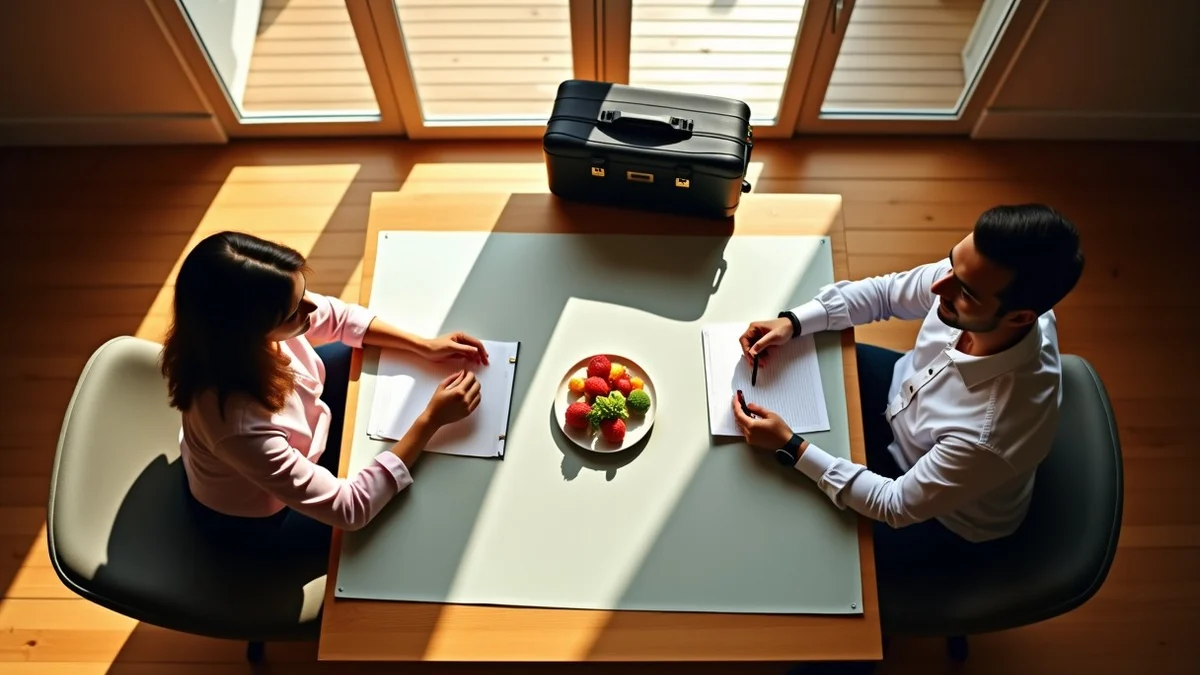 Two partners coordinate a shared home routine while placing a travel suitcase and a compact work case on opposite sides of a sunlit kitchen table
