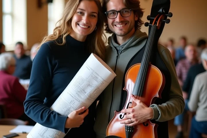 Two partners stand comfortably together at a community arts hall gathering, one holding a rolled blueprint and the other a violin case