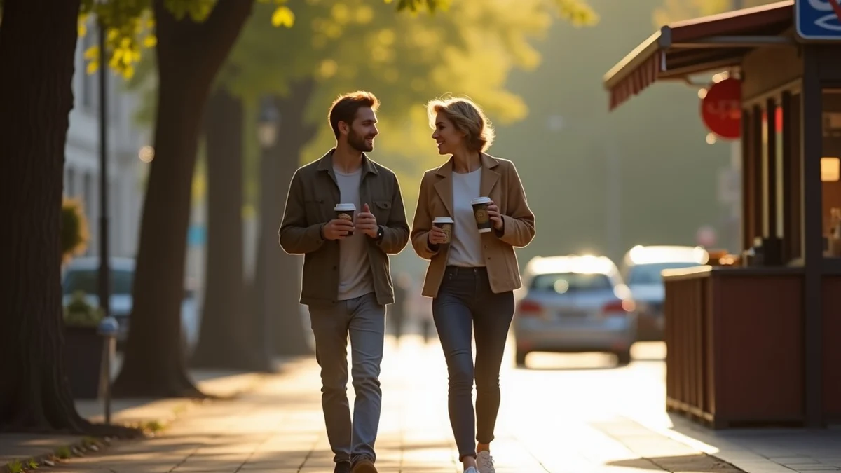 Two adults stroll side by side with takeaway coffee cups, talking easily rather than posing