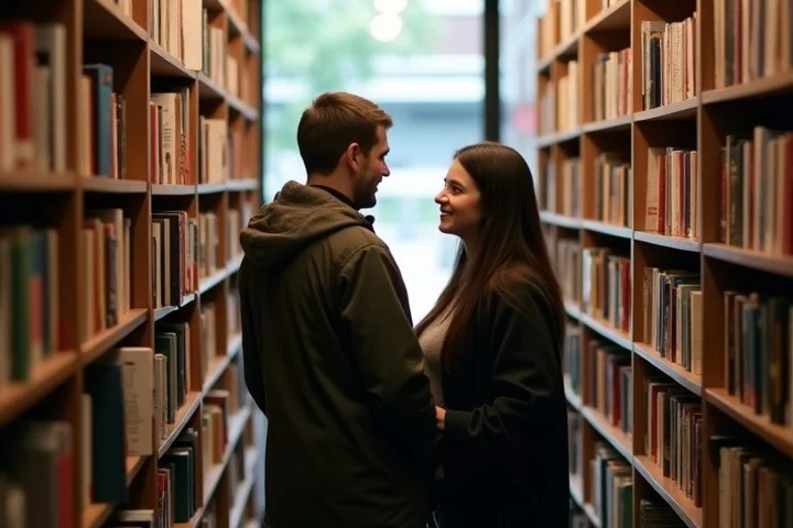 Two adults browse a small independent bookstore together after getting coffee, using shelves and shared discoveries as natural conversation prompts