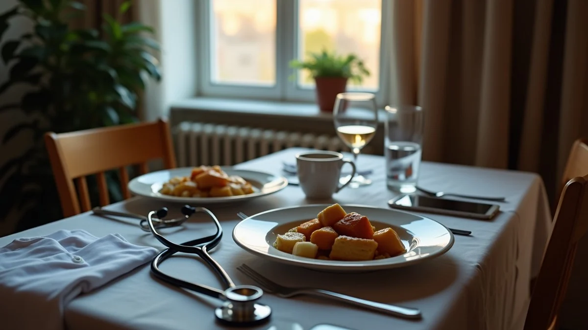 An untouched dinner for two sits beside a stethoscope and a folded medical coat in a quiet apartment dining room