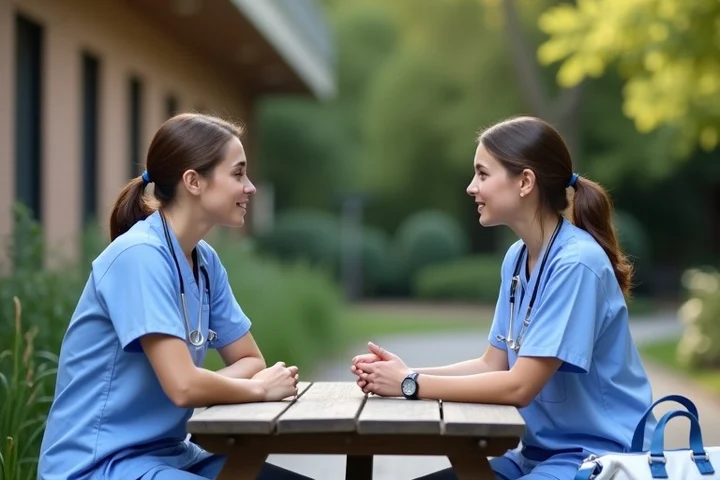 A physician in plain scrubs and a partner talk quietly at a hospital courtyard picnic table during a small staff gathering, with a folded coat