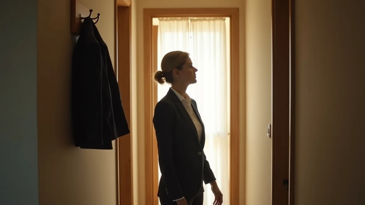 A poised middle-aged professional woman stands in a quiet apartment entryway, looking toward soft morning light with calm, thoughtful confidence