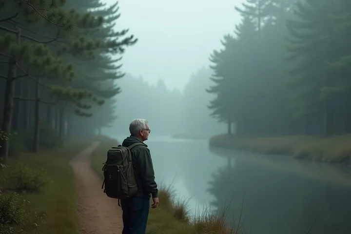 A middle-aged professional pauses at a fork in a wooded riverside trail