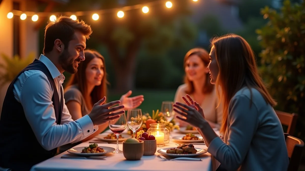 A business owner pauses at the edge of a backyard dinner while three friends wait around a prepared outdoor table