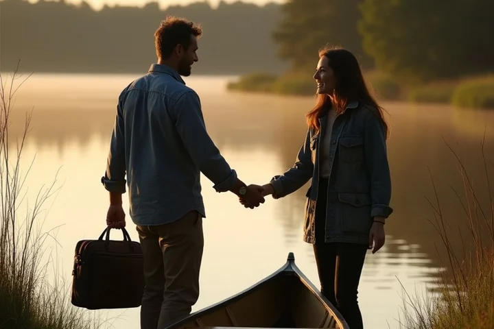 An entrepreneur and their partner finish a short canoe outing at a quiet river landing