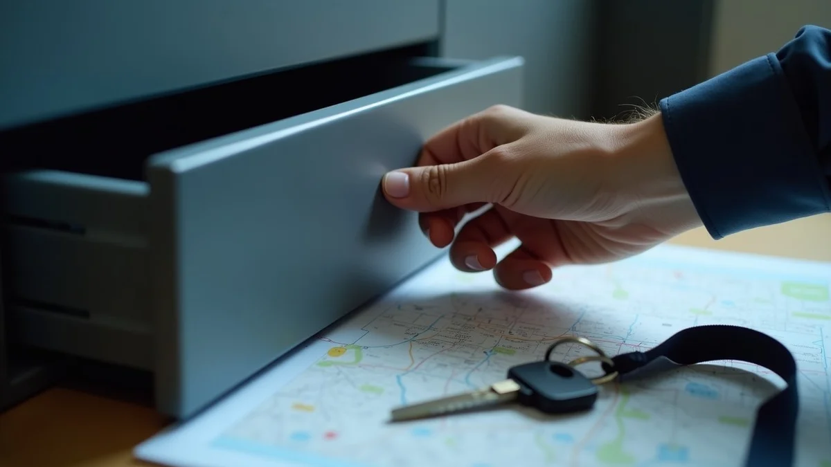 A hand closes a matte metal drawer over an unmarked work lanyard, a generic house key