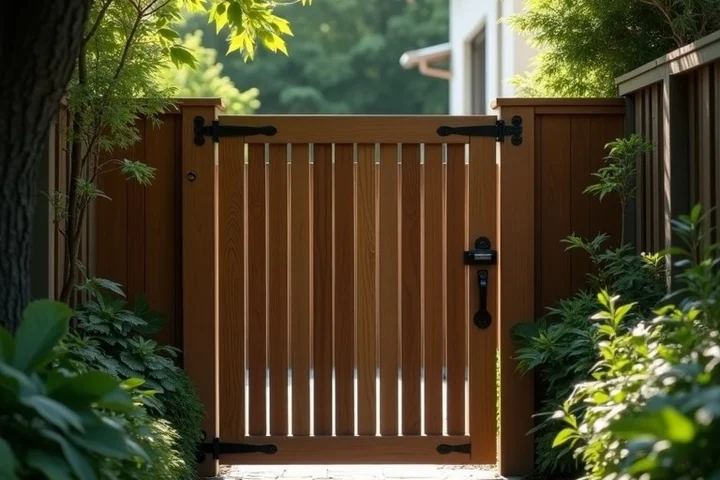 A closed slatted garden gate divides a public sidewalk from a shaded private courtyard