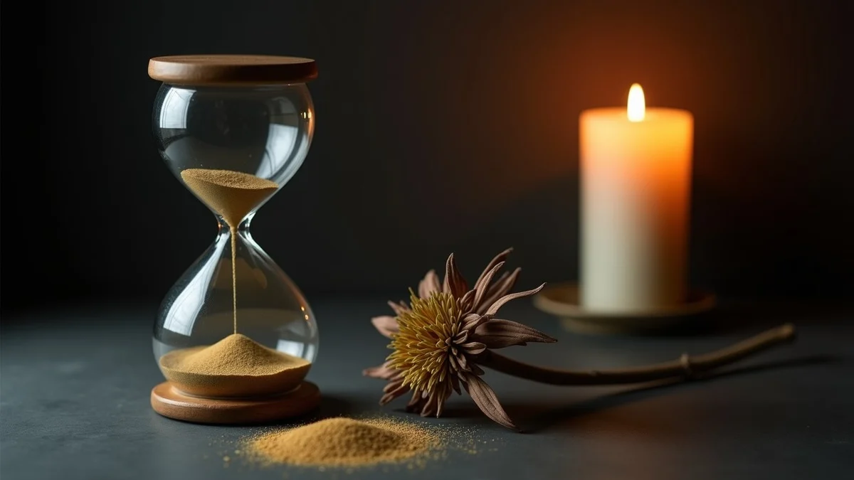 An overturned hourglass spills sand across a dark living-room sideboard beside a wilted wildflower and an unlit candle