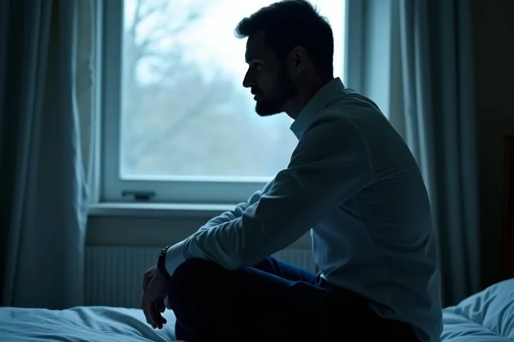 A weary professional in their forties sits on a bedroom window seat at dawn with lowered shoulders and a distant, thoughtful expression