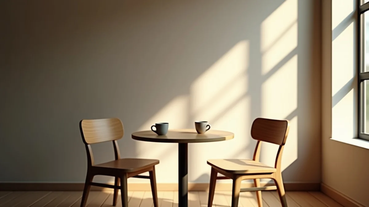 two empty cafe chairs beside a small round table with two plain ceramic cups, soft daylight and an ordinary welcoming interior