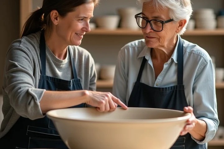 A pair of adults continue an easy face-to-face conversation beside a large ceramic bowl at a community pottery workshop