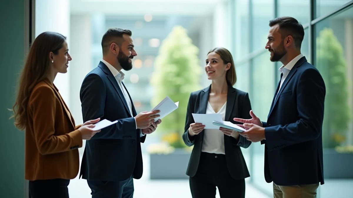 Four mid-career coworkers hold a neutral project conversation in an open office atrium
