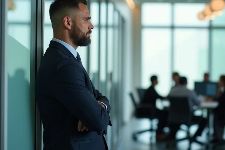 A thoughtful mid-career professional pauses at a glass office doorway, considering a workplace boundary before speaking