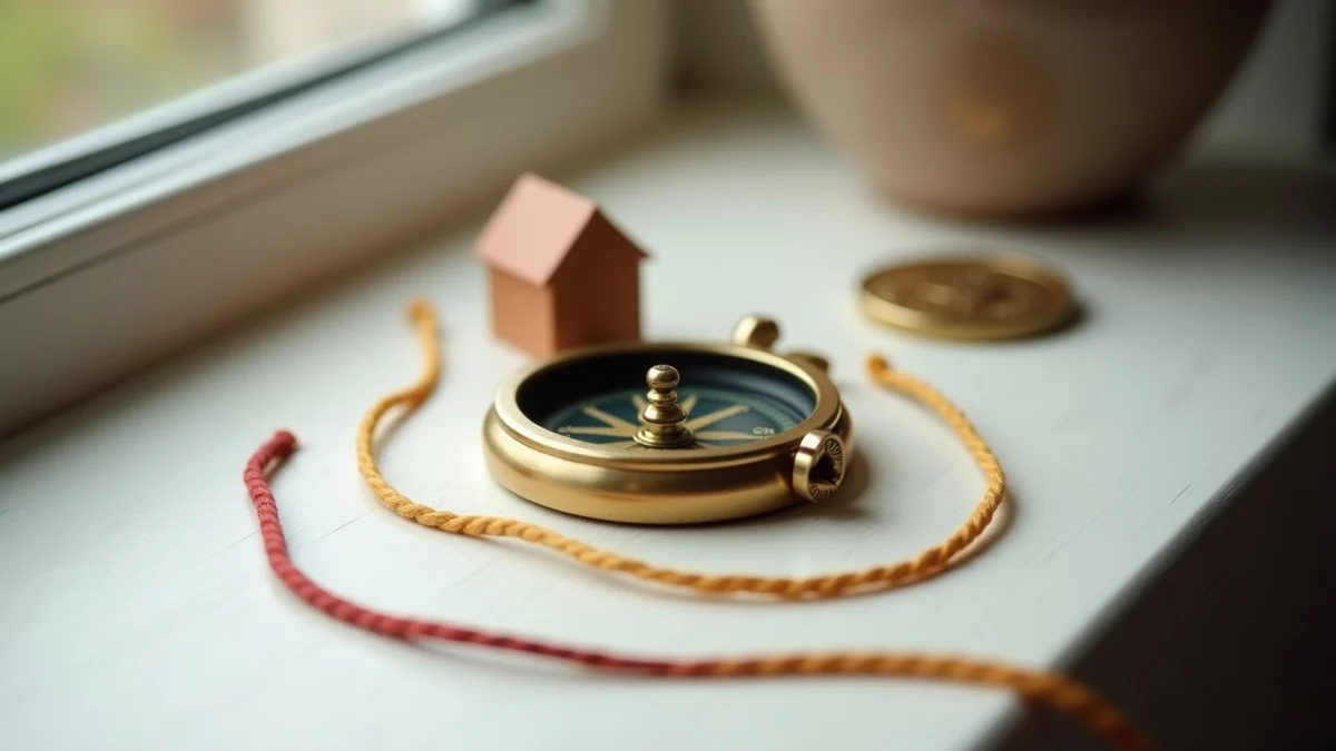A brass compass rests between two diverging strands of colored thread, a miniature house, and a small travel token on an apartment entryway console
