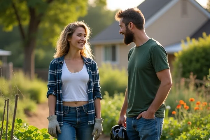 A woman in her late thirties and a man in his forties converse beside separate garden plots