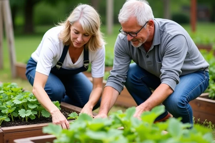 Two adults in their 40s or 50s tend neighboring raised garden beds, each focused on a separate patch while sharing the same community garden space