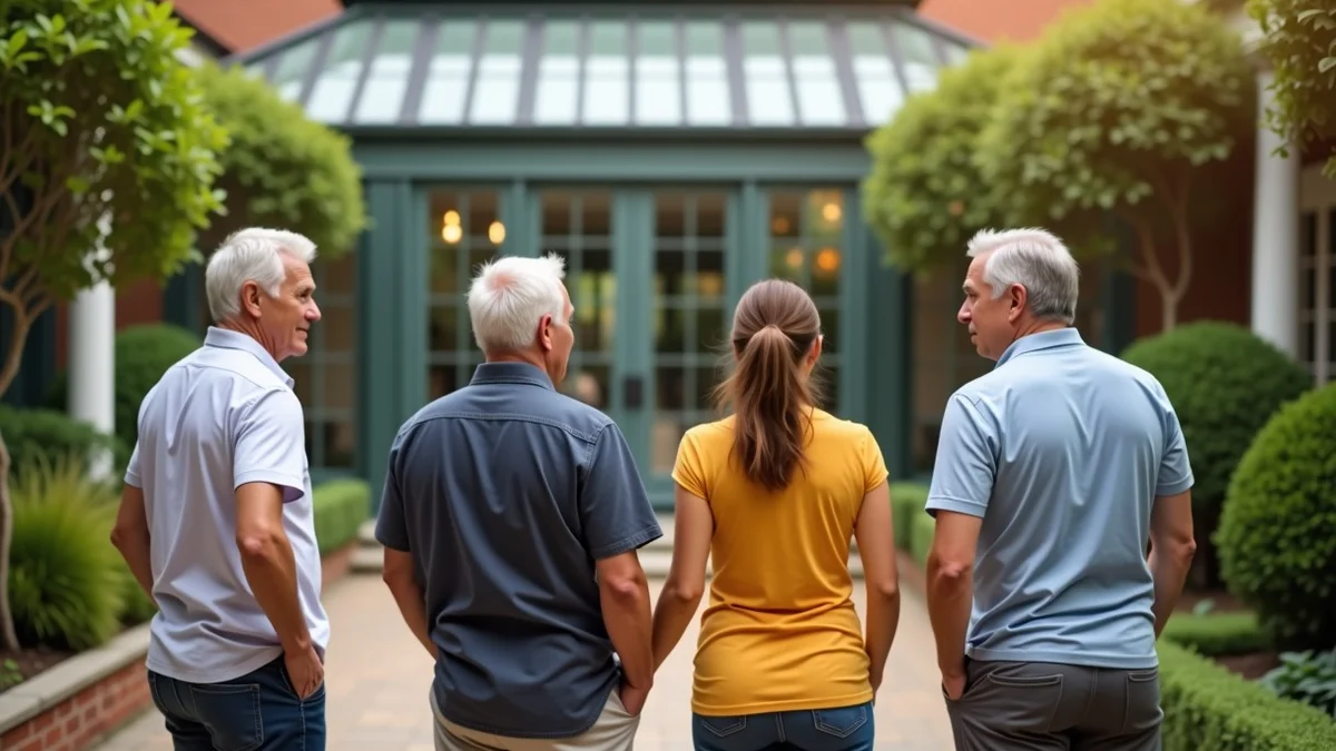 Four mature adults in their 50s and 60s share a candid, thoughtful conversation in a spacious neighborhood conservatory courtyard