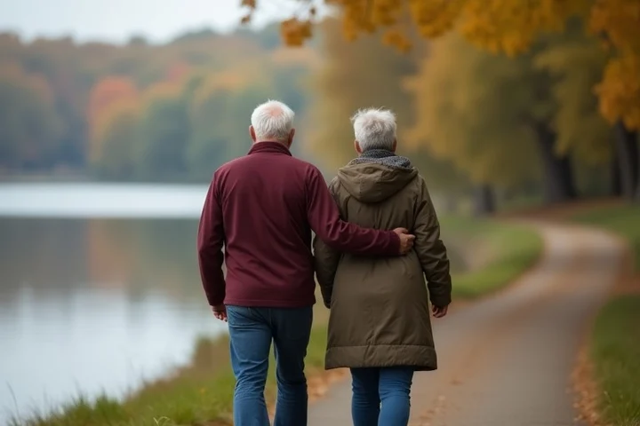 Two adults in their late 50s walk slowly side by side along a quiet lakeside trail, one speaking honestly while the other listens with calm attention