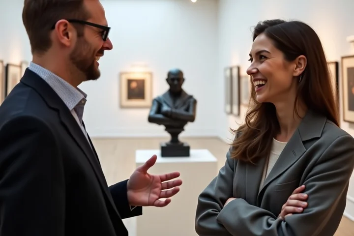 Two adult professionals exchange an easy laugh beside a sculpture in a neighborhood art gallery