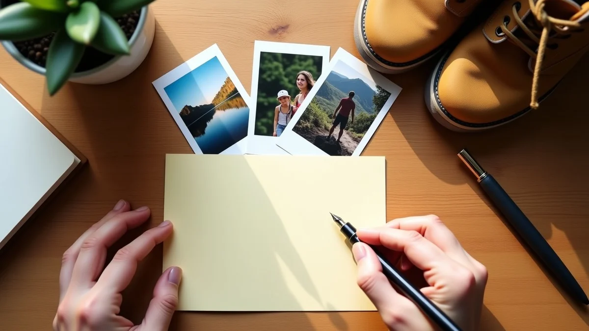 A hand arranges three candid lifestyle photographs beside a blank cream card, a fountain pen, and small hiking boots on a tidy home study desk