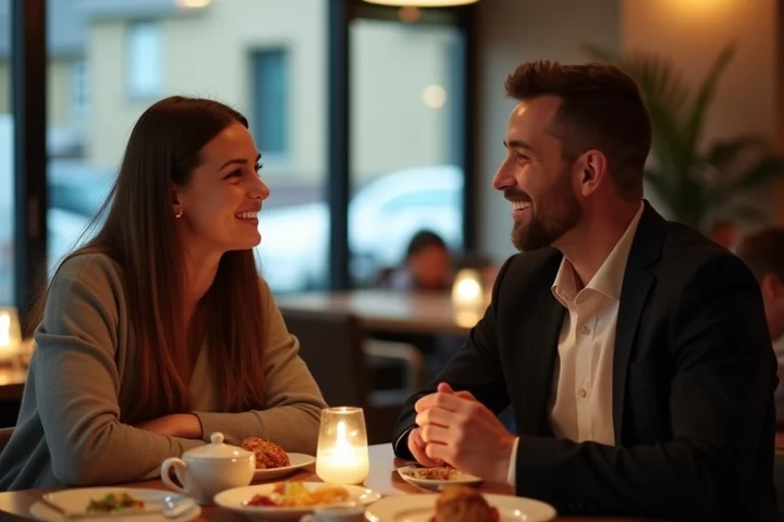 Two relaxed adult professionals share genuine conversation over dinner at a softly lit neighborhood restaurant