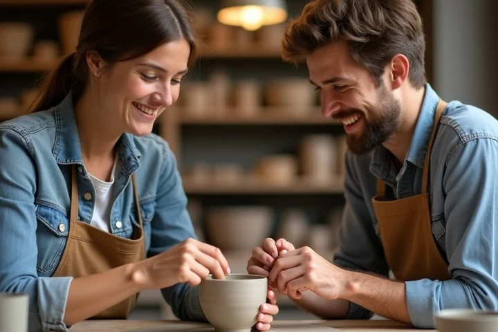 One adult shapes a small clay bowl while another adult listens and smiles across a workbench in a neighborhood ceramics studio