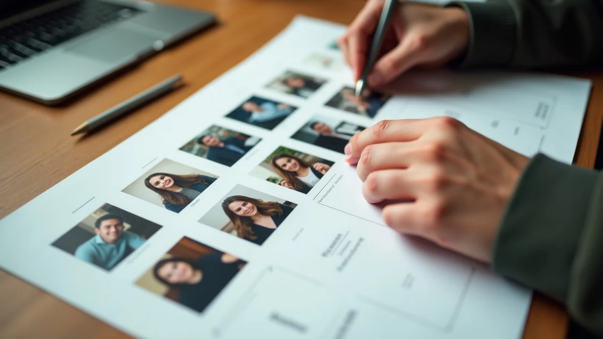 A hand sorts a varied set of unlabeled portrait photographs into a clear sequence on a home-office writing table