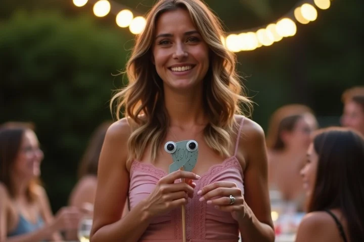 An adult guest sets aside a distracting costume prop while standing naturally at a relaxed backyard dinner gathering