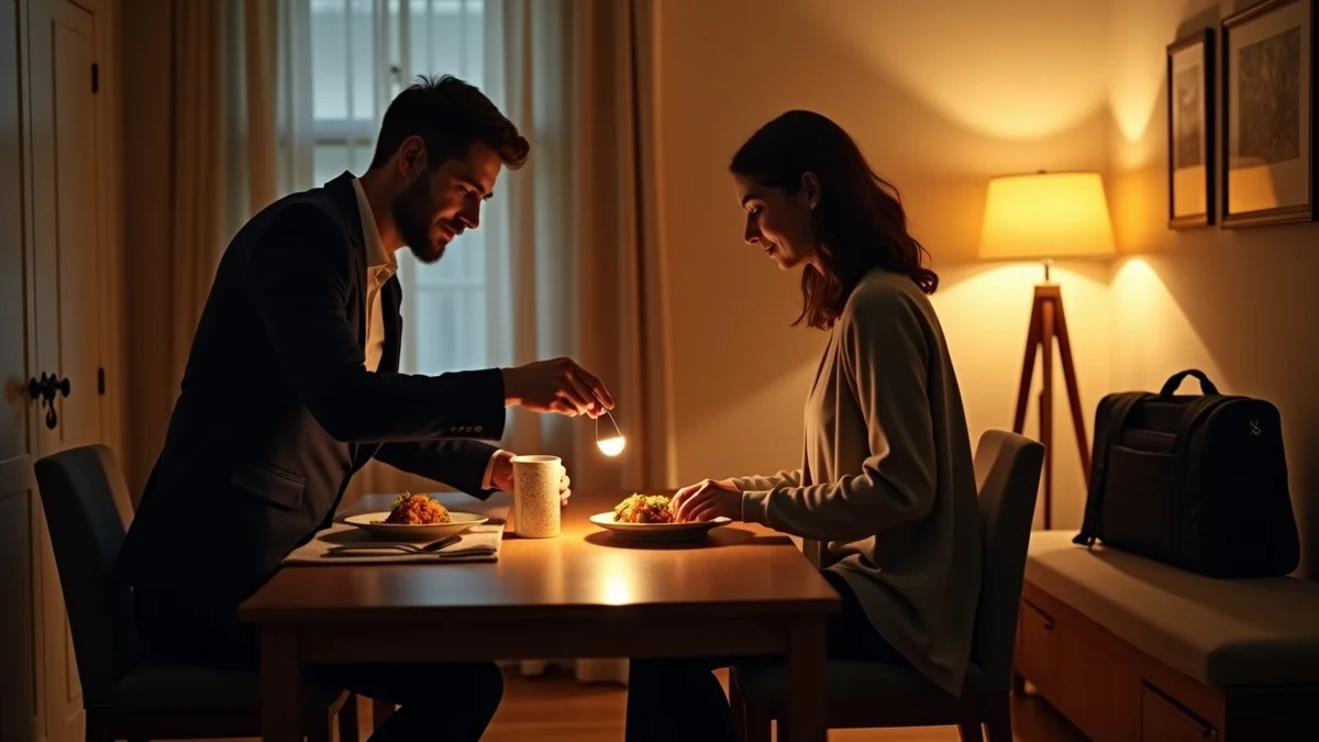 A professional partner places a warm meal on a small dining table while a second place setting waits nearby