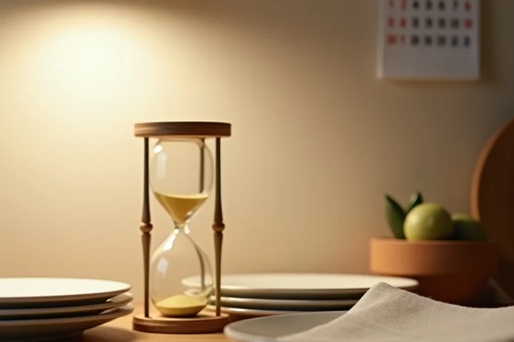 A small hourglass stands beside two covered dinner plates and a neatly folded napkin on a kitchen counter