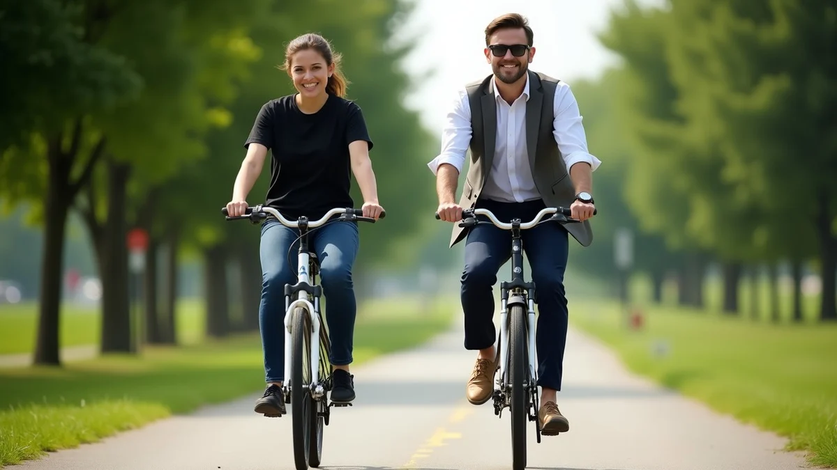 Side by side, a well-dressed professional and a casually dressed partner ride separate bicycles at the same pace along a public greenway