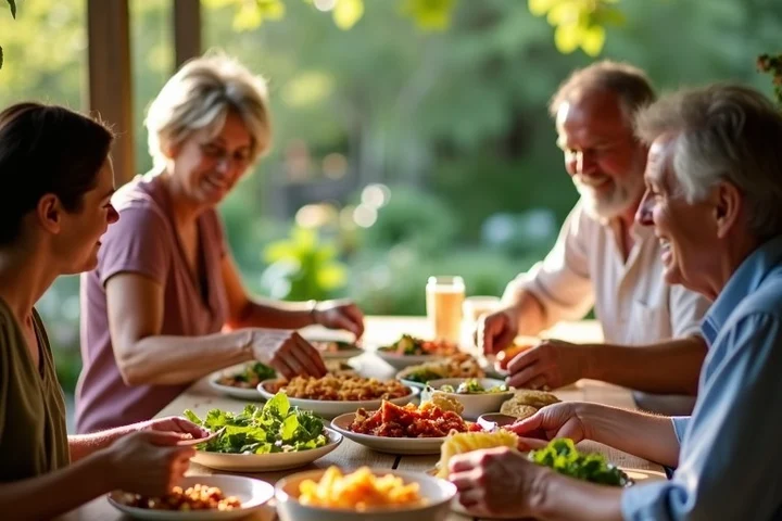 Four adults pass homemade dishes around a simple community-garden potluck table