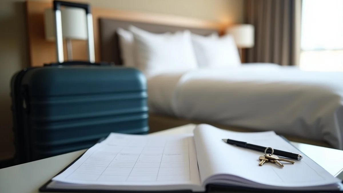 A half-packed carry-on sits beside an open planner showing only blank blocks, a pen, and house keys on a hotel-room writing desk