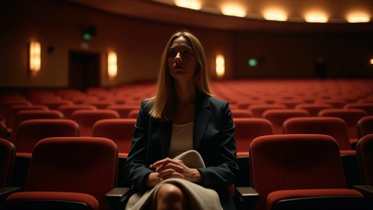 A thoughtful professional sits alone in a quiet theater balcony beside an empty seat