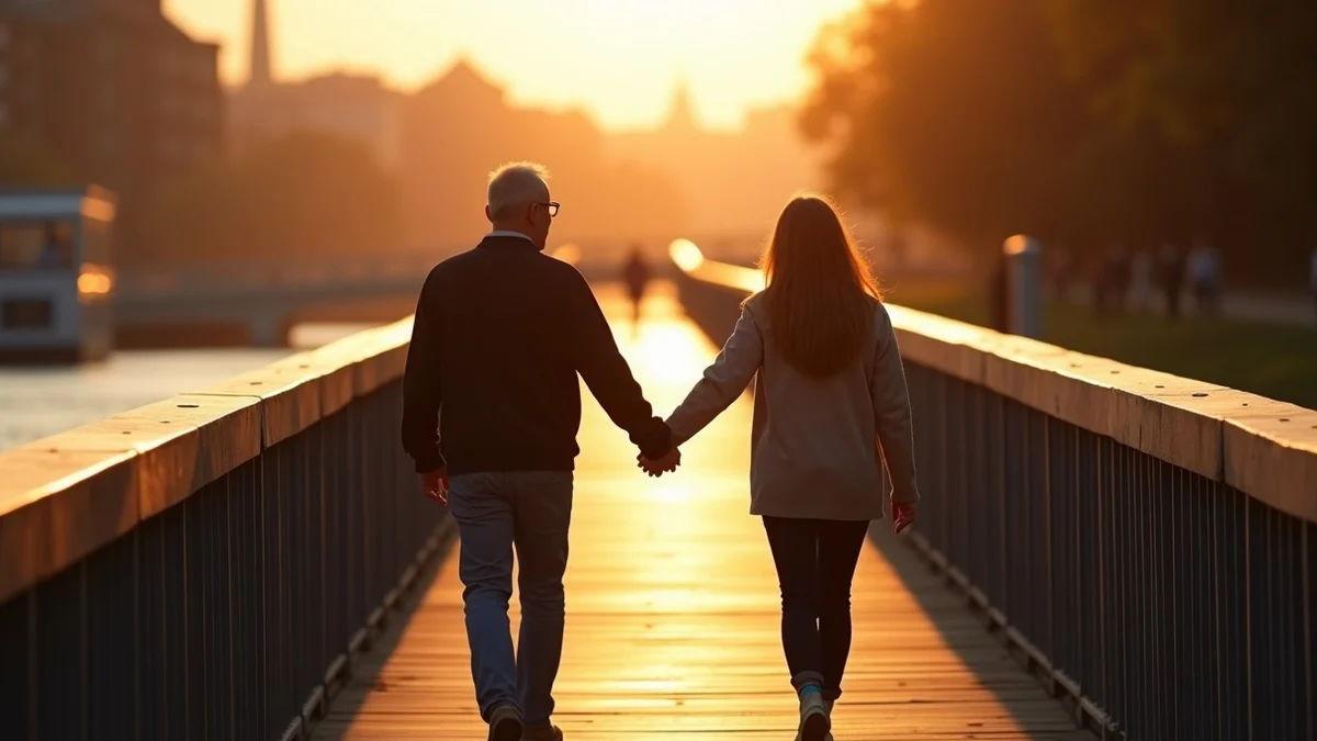 Two adults approach each other from opposite ends of a broad riverside footbridge and pause for a warm greeting at the midpoint