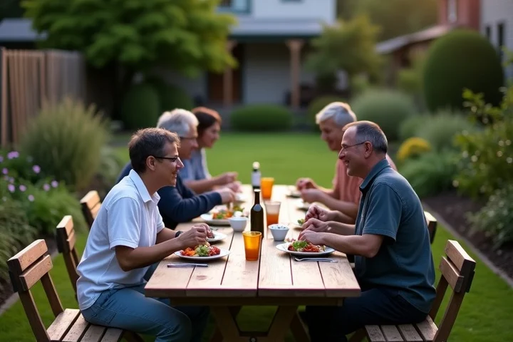 Two adults share a simple meal at a long communal table in a neighborhood community garden, with empty chairs, planted beds