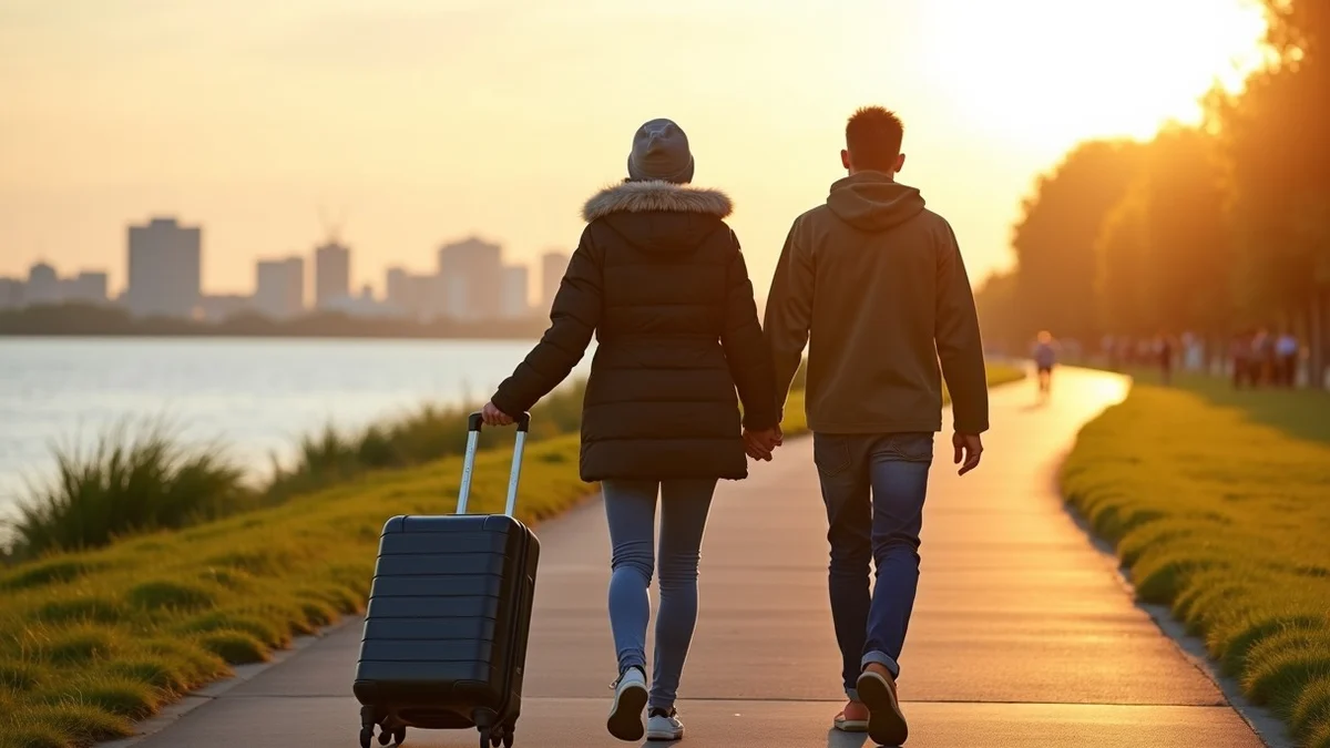 Two adults walk side by side along a waterfront trail, one pulling a compact carry-on suitcase as the other matches their pace