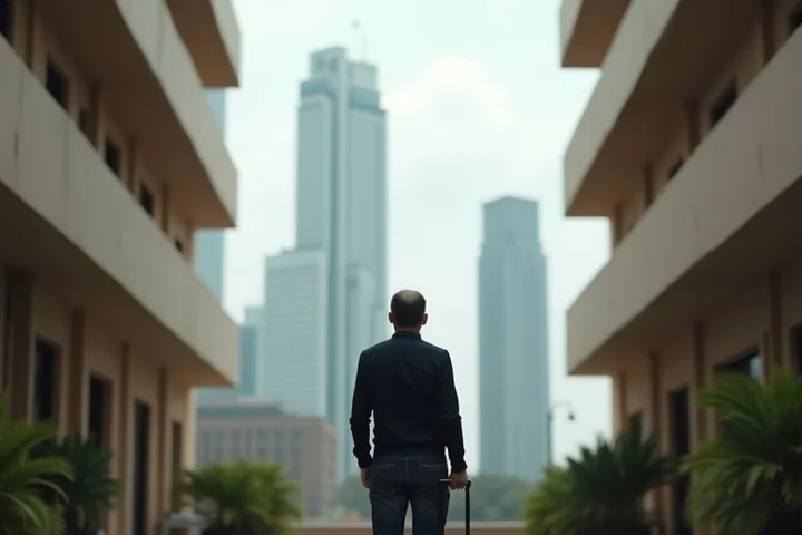 A thoughtful adult traveler stands alone in a quiet hotel courtyard, framed waist-up against layered balconies and a distant city skyline