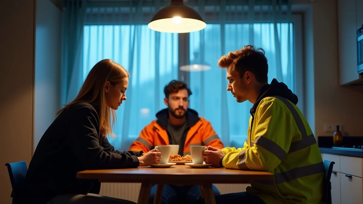 Three working adults, including a couple, share a quiet breakfast at dawn in a modest apartment kitchen