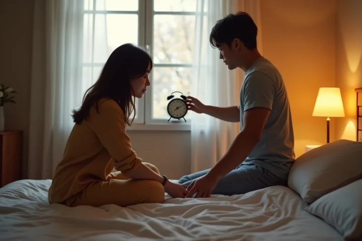 Two partners coordinate a bedtime routine in a small apartment bedroom
