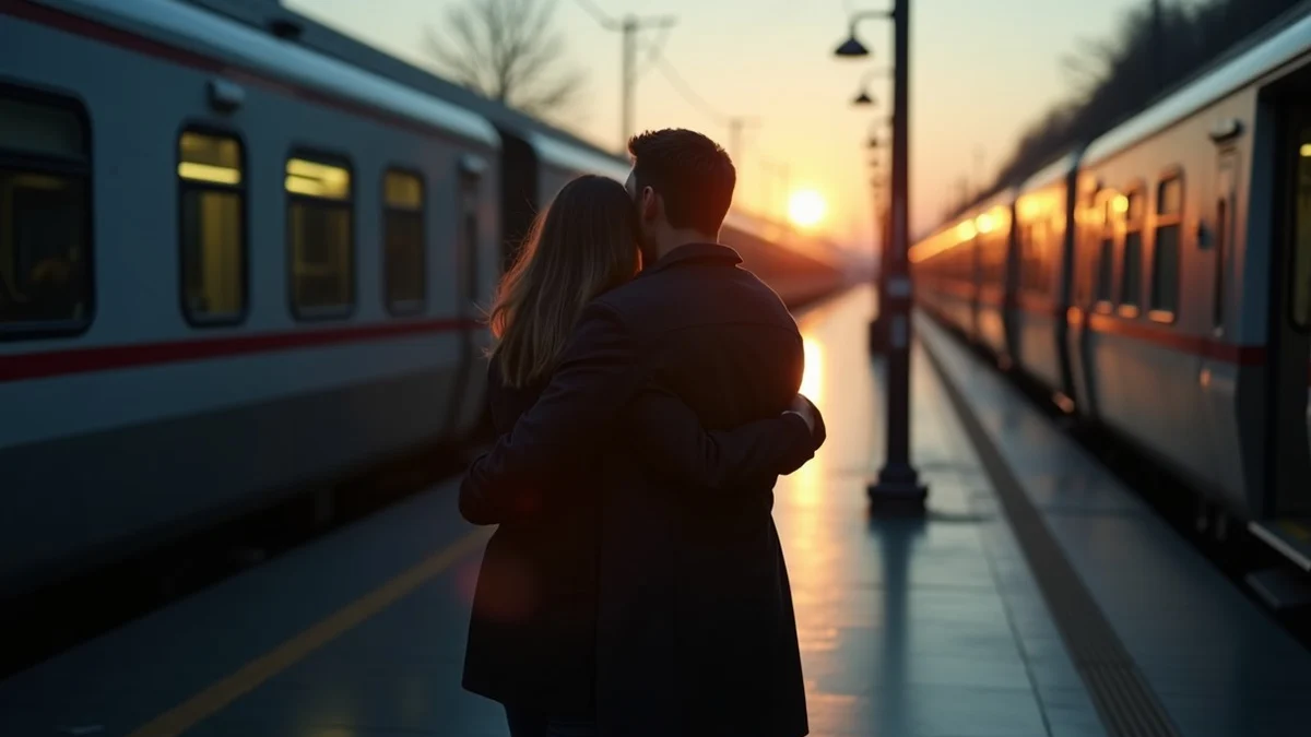 Two partners exchange a brief dawn embrace on a nearly empty train platform, one arriving as the other prepares to leave for work