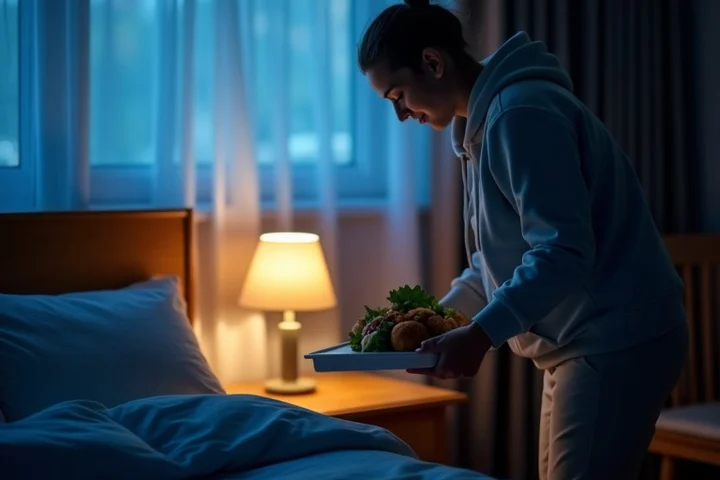 A night-shift worker quietly places a covered meal on a bedside table while their sleeping partner rests nearby