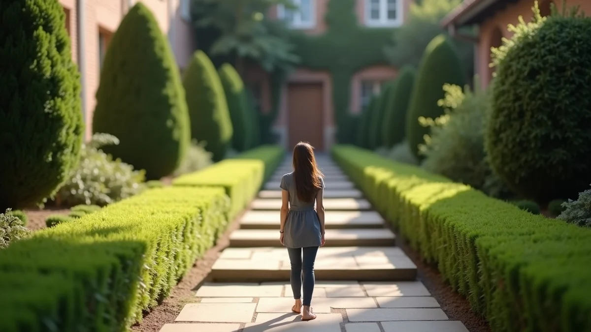 A thoughtful professional pauses before one orderly trail of stepping stones leading through a botanical courtyard