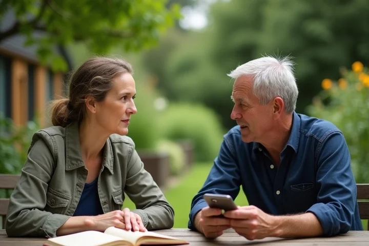 Two adults in their forties talk attentively at a wooden table in a community garden
