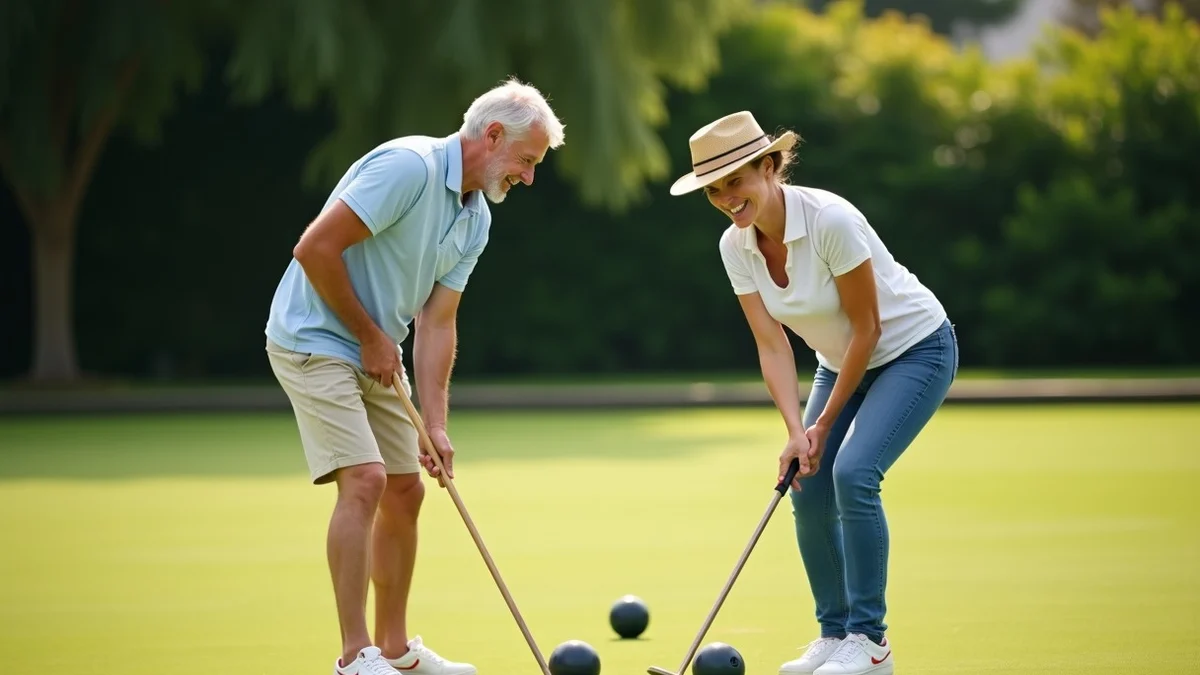 Two adults play a compact round of lawn bowling in a neatly maintained public park, smiling between turns as an easy first-date activity